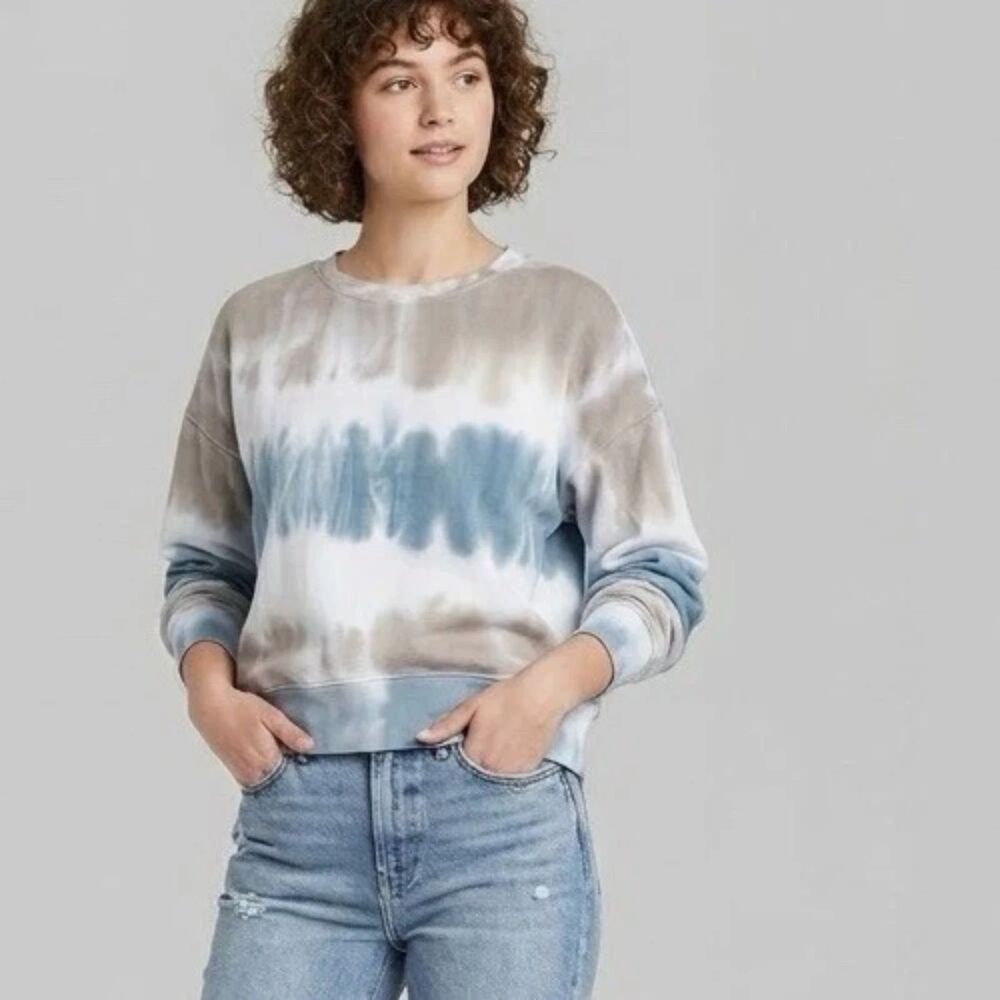 AR-33 Tie Dye Sweatshirt Womens XS Blue Brown Crewneck Pullover Coastal Sporty